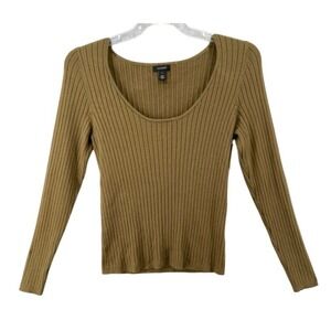 HALOGEN Sweater Women Sz L Olive Green Knit Ribbed Scoop‎ Neck Long Sleeve